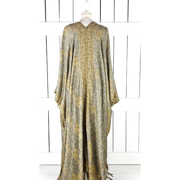 Maxi grey and beige paisley pashmina kimono cover up fringe jacket READY TO SHIP - Picture 5 of 5